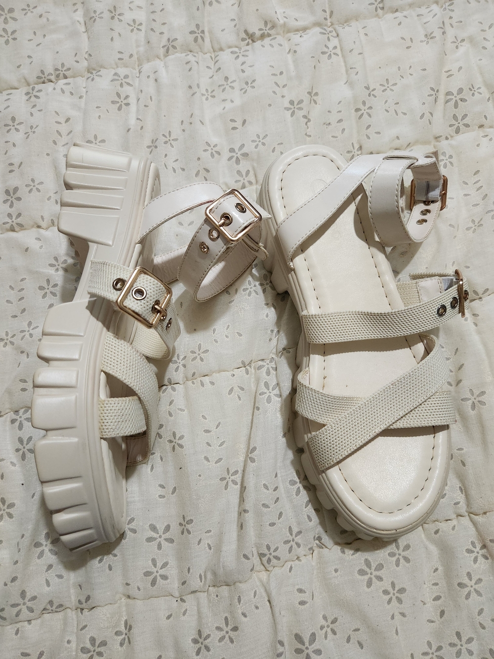 Cuccoo Cream Chunky Strap Sandals with Gold Buckles